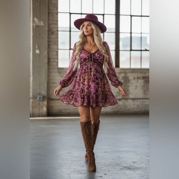 Very J Dresses & Skirts - NWT Floral Print Boho Velvet Contrast Balloon Long Sleeve Mini Dress